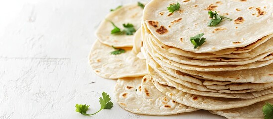 Aufkleber - A pile of delicious homemade tortillas on a white table with space for text. with copy space image. Place for adding text or design