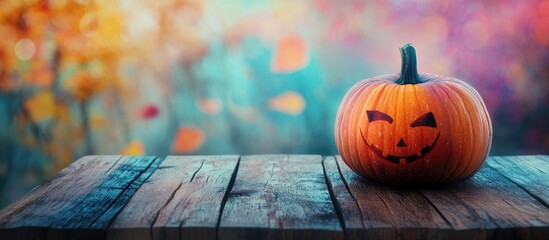 Poster - Halloween pumpkin on a wooden table with a colorful background. with copy space image. Place for adding text or design