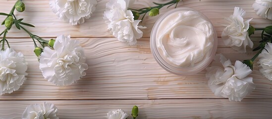 Poster - Night cream with white carnation flowers on a light wooden table background. with copy space image. Place for adding text or design