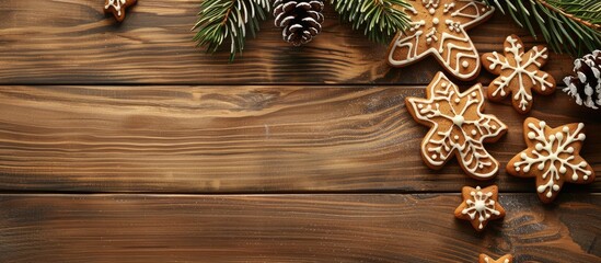 Aufkleber - Christmas gingerbread cookies and a fir tree branch on a wooden background Top view with space for your messages. with copy space image. Place for adding text or design