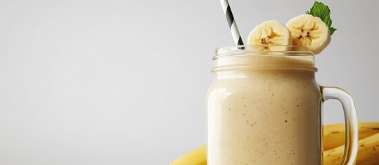 Leinwandbilder - Healthy banana milkshake in a mason jar on a white background Delicious vegan drink Copy space