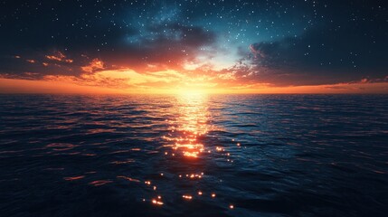 Wall Mural - Vibrant sunset over calm ocean, starry night sky.