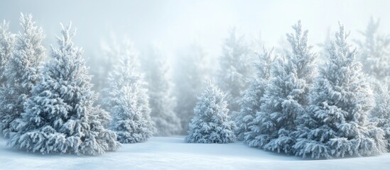 Poster - Winter nature backdrop Evergreen trees covered in hoarfrost Spruce and fir limbs blanketed in snow. with copy space image. Place for adding text or design
