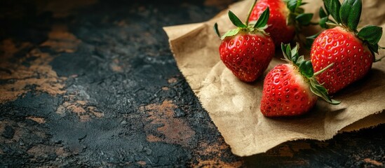 Aufkleber - A strawberry branch with berries on an old wooden board and a piece of craft paper An abstract text frame. with copy space image. Place for adding text or design