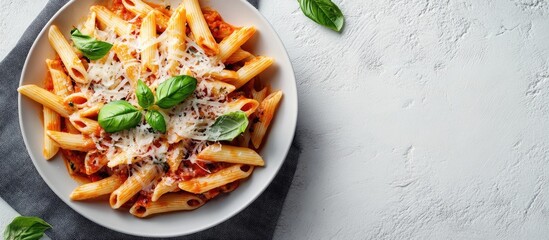 Fototapete - Penne pasta in All Arrabbiata style topped with cheese and basil on a linen tablecloth Studio shot from the top view featuring copy space