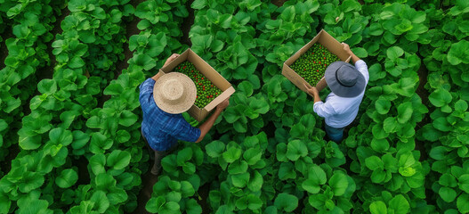 Two farmers harvest crops in a lush green field, showcasing sustainable agriculture and manual labor in an overhead view.