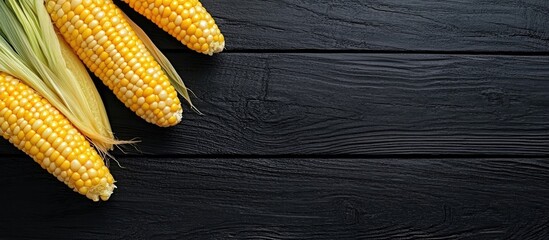 Aufkleber - Fresh yellow corn placed on a black wooden table Vegetables Top view Copy space