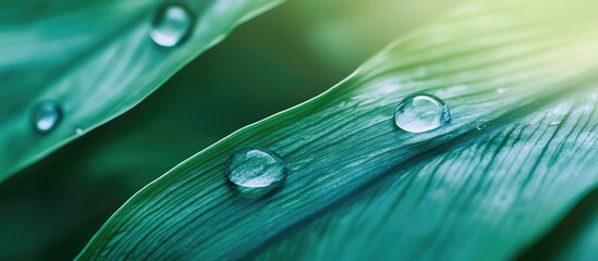 Wall Mural - Droplets of water on a green leaf. with copy space image. Place for adding text or design