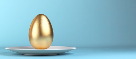 Leinwandbilder - Golden Easter egg on a porcelain plate set against a blue backdrop Concepts for national holiday celebrations Happy Easter Front view Copy space