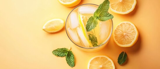 Leinwandbilder - Chilled refreshing summer lemonade with ice and lemon slices garnished with mint leaves in a tall glass against a peach colored background with copy space Top view