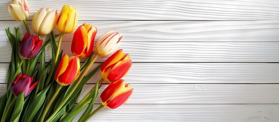 Poster - A vibrant bouquet of tulips against a white wooden background with copy space