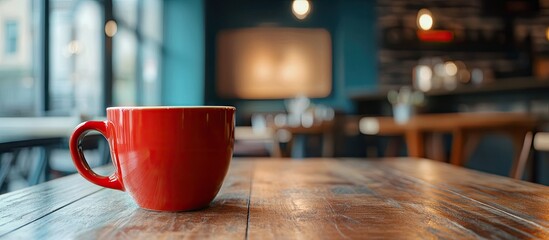 Aufkleber - Red coffee cup sitting empty on the table in a cafe. with copy space image. Place for adding text or design