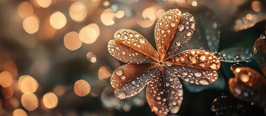 Poster - Full frame image of a bronze Dutch clover adorned with water droplets in the background. with copy space image. Place for adding text or design