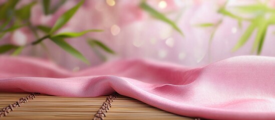 Aufkleber - Bamboo mat and pink fabric in a classic design Chinese Japanese backdrop. with copy space image. Place for adding text or design
