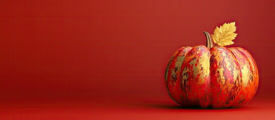 Poster - A beautifully painted pumpkin adorned with a golden leaf on a colored background featuring space for text. with copy space image. Place for adding text or design