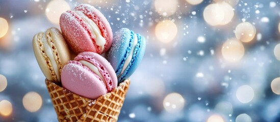 Poster - Colorful French macarons in a waffle cone dusted with powdered sugar A creative composition for Christmas and New Year. with copy space image. Place for adding text or design