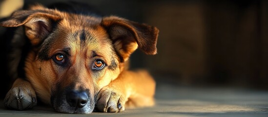 Poster - dog rests with a sorrowful expression. with copy space image. Place for adding text or design