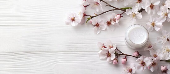 Fototapete - Skin care product samples and cherry blossoms on a white wooden table background