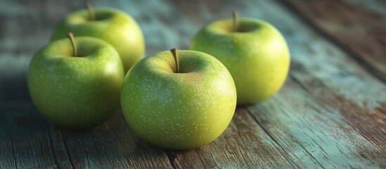 Wall Mural - green apples on a weathered wooden surface. with copy space image. Place for adding text or design