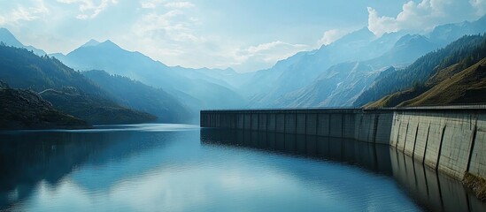 Aufkleber - Water reservoir dam retaining water with mountains in the background. with copy space image. Place for adding text or design