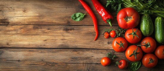 Poster - Fresh ripe vegetables arranged on a wooden table viewed from above Space for text. with copy space image. Place for adding text or design