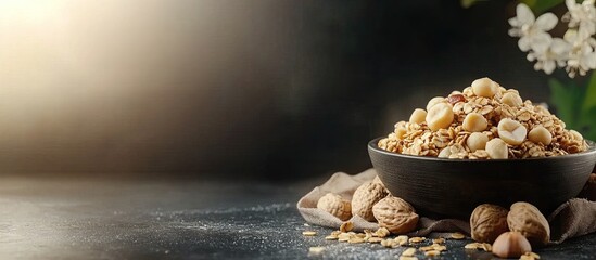 Poster - Macadamia nuts and granola. with copy space image. Place for adding text or design