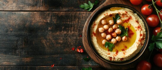 Poster - Chickpea hummus drizzled with olive oil presented exclusively accompanied by vibrant tomatoes on a dark wooden backdrop featuring copy space top view Middle Eastern dish