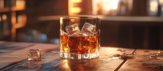 Aufkleber - Glass of whiskey with ice cubes on a wooden surface. with copy space image. Place for adding text or design