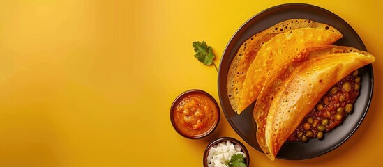 Poster - Close up of Masala Dosa accompanied by Sambhar and Coconut Chutney set against a yellow background with copyspace