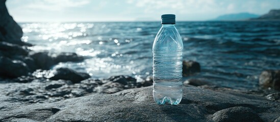 Poster - Closeup of a plastic bottle filled with fresh water by the sea Room for text. with copy space image. Place for adding text or design