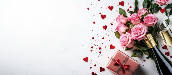 Wall Mural - Valentine s Day birthday backdrop A bouquet of pink roses a gift box a champagne bottle and red heart confetti are isolated on a white background with copy space Top view flat lay