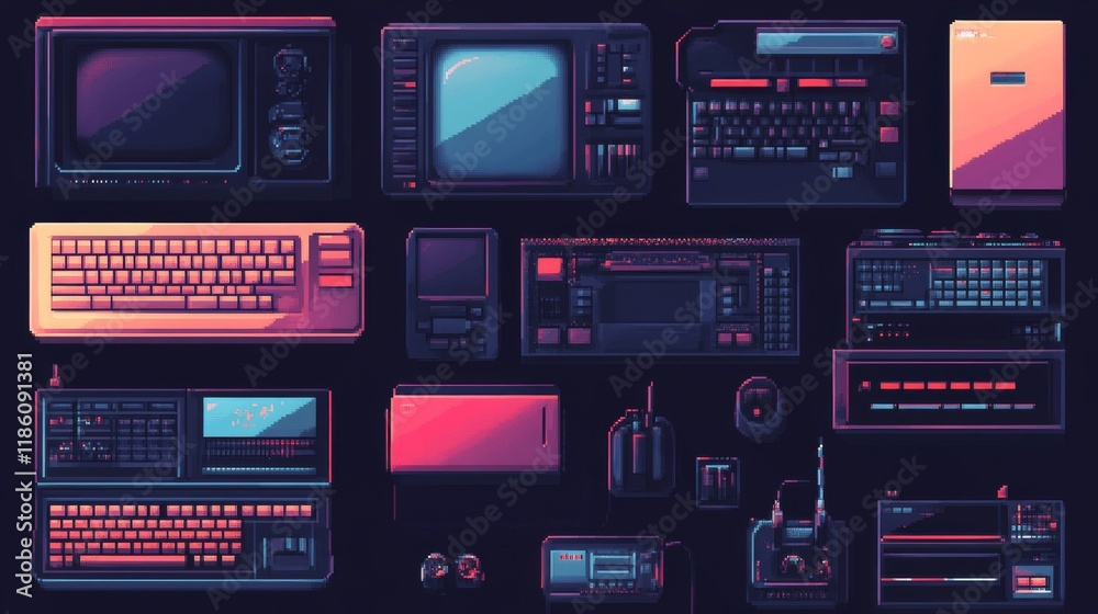 Retro computer interface elements - cursors, loading bars, error ...