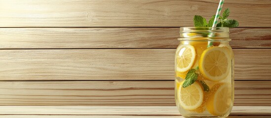 Aufkleber - Refreshing ice cold water with lemon and mint served with a paper disposable straw Lemonade in a glass jar perfect for spring and summer days Light wooden background with copyspace