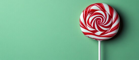 Poster - Red lollipop featuring white stripes on a green background with copy space