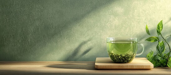 Poster - Aromatic antioxidant green tea on a wooden board set against a plain background. with copy space image. Place for adding text or design