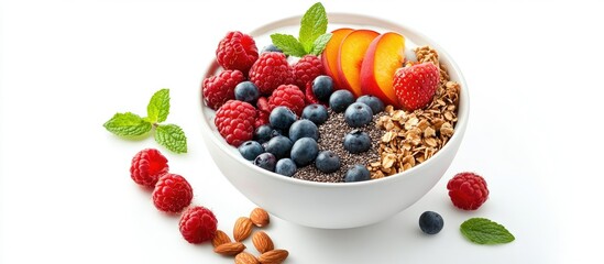 Poster - Granola bowl featuring fresh berries spirulina and chia seeds set against a white background Healthy cuisine Delicious breakfast Yogurt accompanied by strawberries raspberries blueberries peaches m