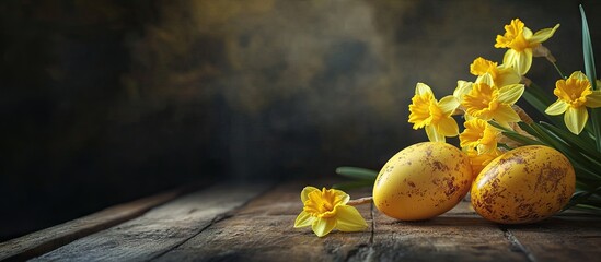Poster - Easter eggs on a wooden table with yellow daffodils Banner sized image featuring copy space