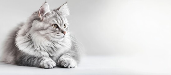 Poster - Siberian breed female cat gray silver in color Attractive kitten resting comfortably. with copy space image. Place for adding text or design