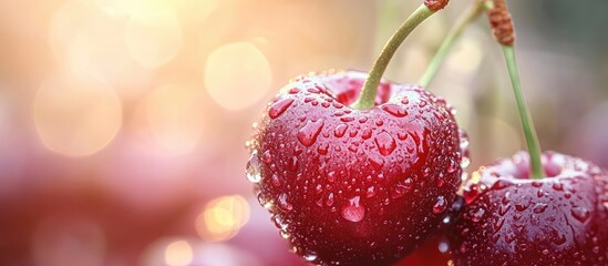 Fototapete - Macro red cherries with water or dew drops on ripe juicy fruits Sweet summer produce Shallow depth of field Art photography featuring a blurred nature background. with copy space image