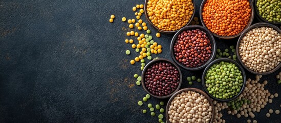 Poster - Composition of dry legumes A variety of colorful legumes in bowls Lentils Moth beans Mung Beans Masoor or red lentils Split Chickpeas Toor Dal Raw Split Mung Bean Lentils Yellow Split