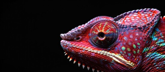 Poster - A chameleon portrait Macro photograph of details skin eyes head and colors Chamaeleo chamaeleon Observing an insect. with copy space image. Place for adding text or design
