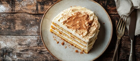 Aufkleber - A piece of cake with biscuit cream a sweet dessert featuring layers of vanilla curd ready to cook and eat rests on the table as a healthy meal or snack The top view allows for copy space for text c