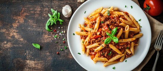 Fototapete - Pasta genovese casarecce served with genovese style beef sauce on a white plate against a rustic backdrop copyspace for a recipe