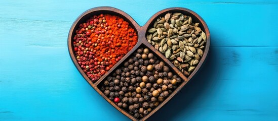 Fototapete - Oriental spices arranged in a heart shaped bowl against a blue background Captured from a top view Copy space