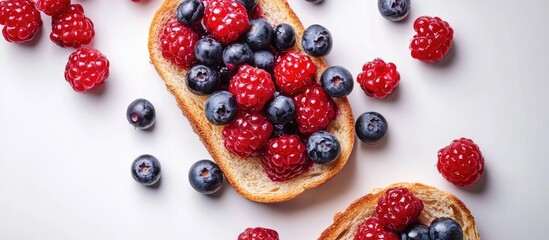 Aufkleber - Berries on toast for breakfast healthy food on a white background top view copy space