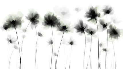 Fototapete - A serene illustration of delicate flowers in shades of black and white, creating a soft, ethereal atmosphere
