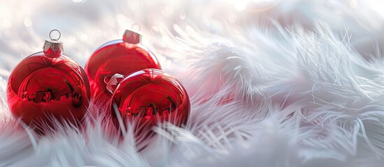 Poster - Red glass Christmas ornaments on a white furry surface. with copy space image. Place for adding text or design