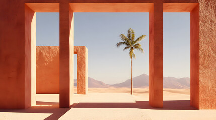 Aufkleber - A minimalist desert scene featuring a palm tree framed by architectural structures against a clear blue sky