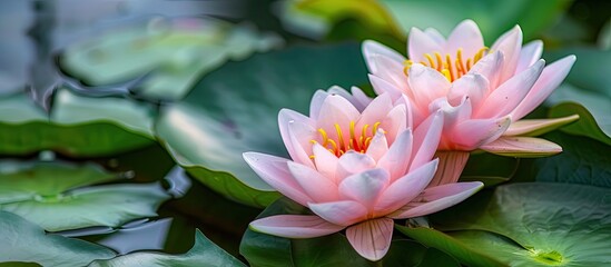 Aufkleber - Delicate bud pink water lilies or lotus flowers Marliacea Rosea opened early in the morning at the garden pond Nymphaea blooms among large leaves Selective focus Nature concept for design