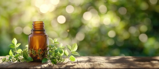 Poster - Essential oil in a bottle with oregano twigs on a wooden table set against a blurred green background closeup Room for text. with copy space image. Place for adding text or design